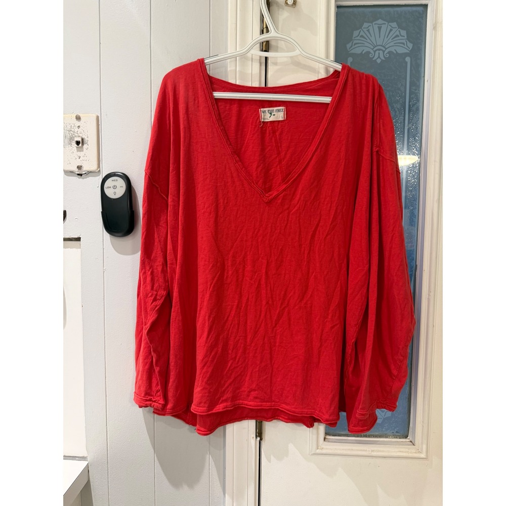 We The Free Free People Red V-Neck Long Sleeve Oversized Cotton Top OB2118159 L